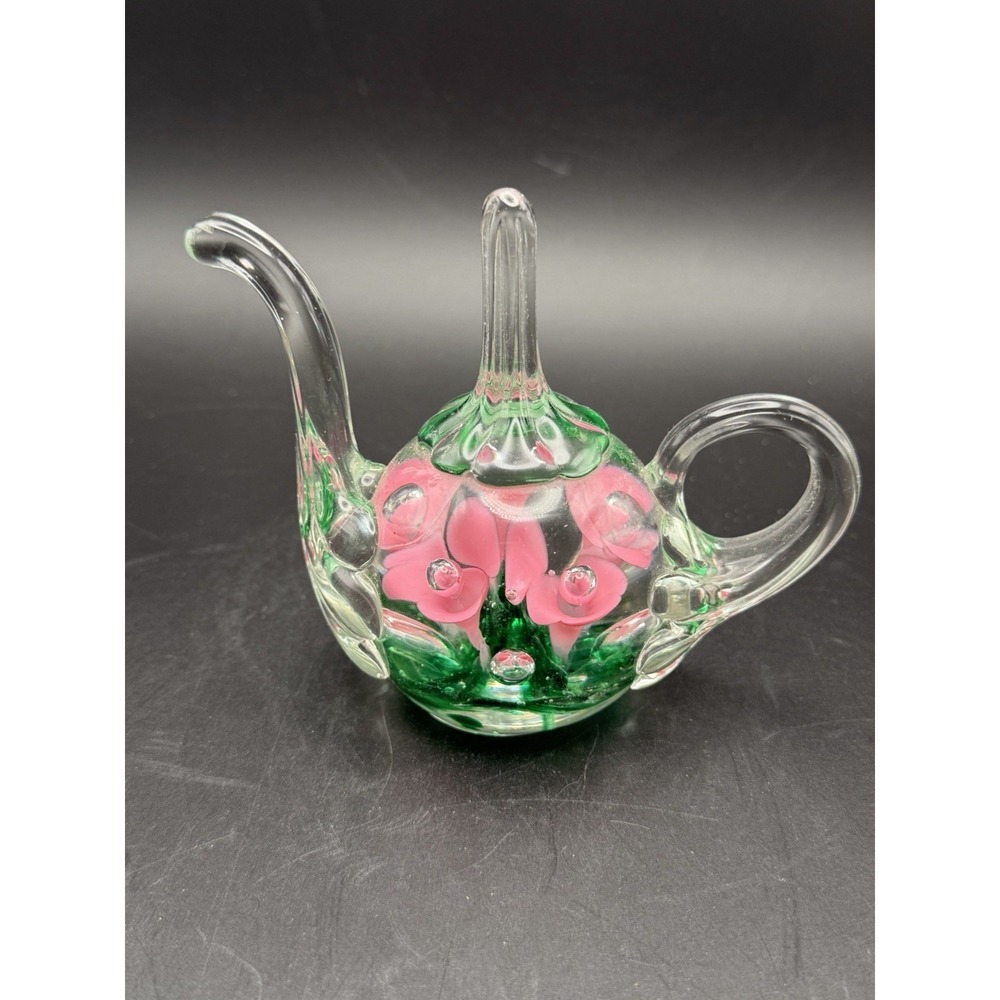 Vintage Marked Joe St Clair Teapot Pink Trumpet Flower W/green Ring Holder